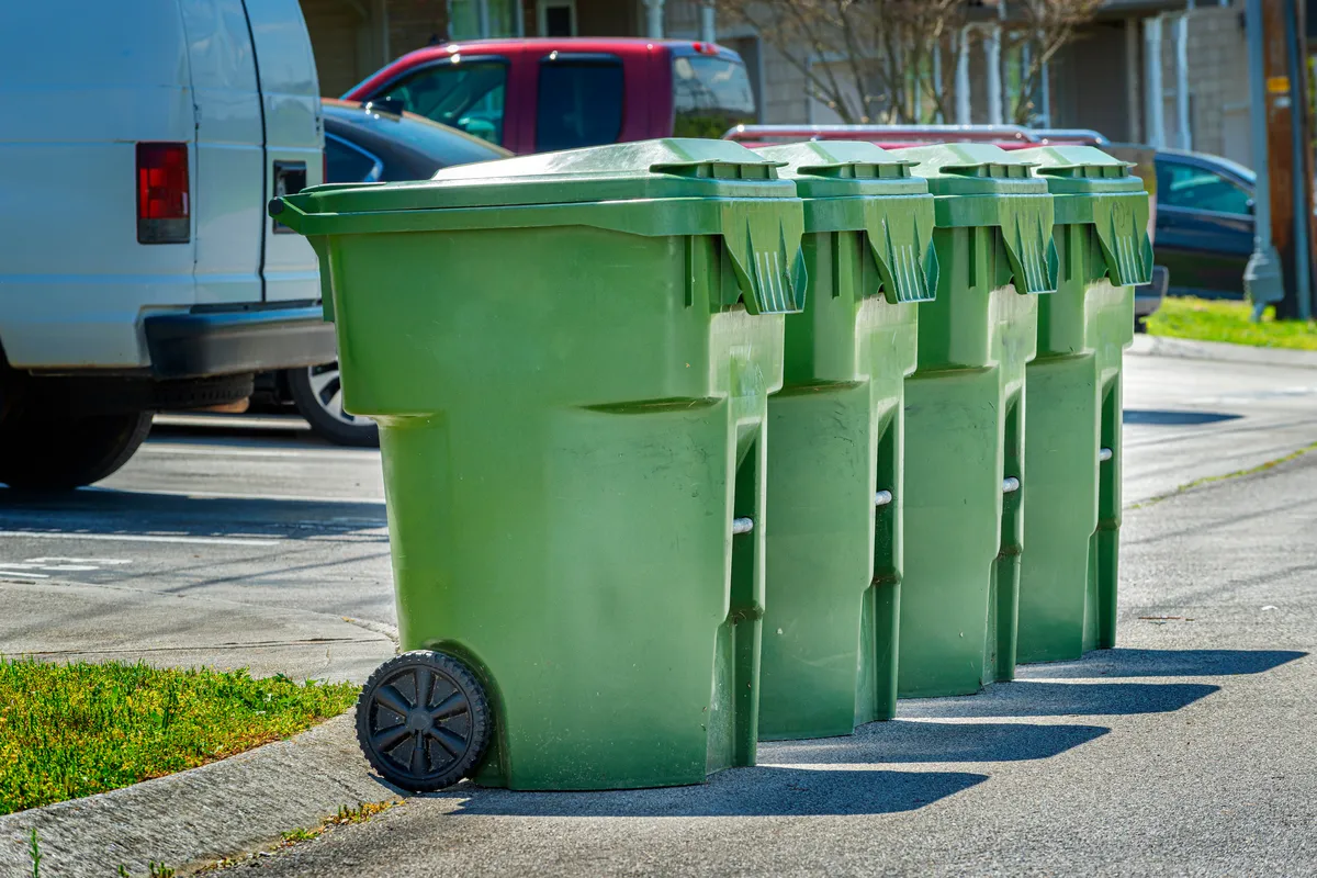 Several green trash cans arranged in a straight line, set against a natural outdoor environment.